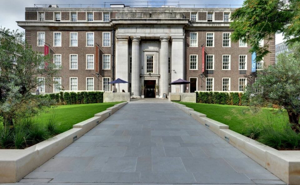 View of the 'garden entrance' to Friends House on Euston Road.