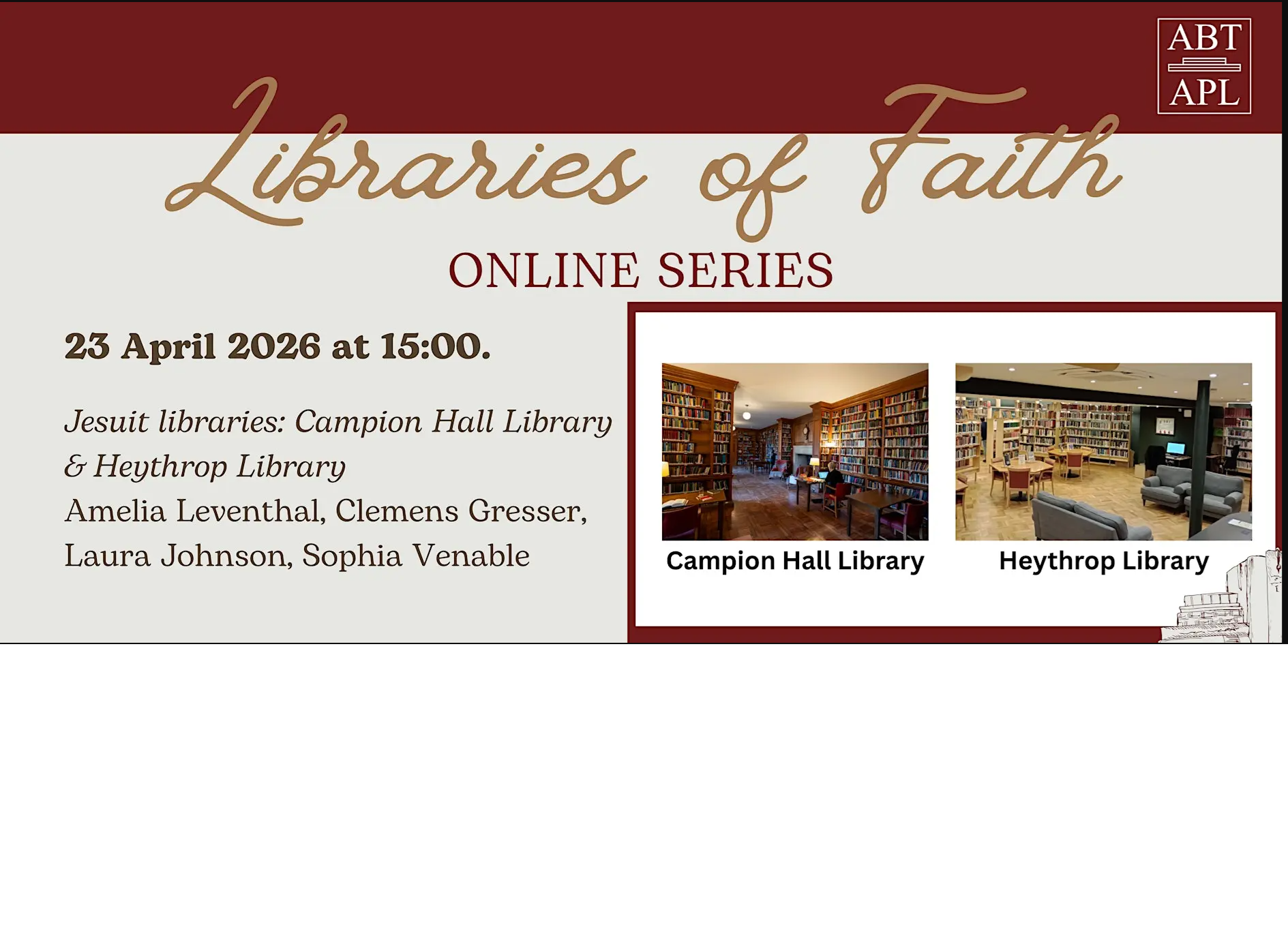 Banner for "Libraries of Faith" Online series event on 23 April 2026, at 3pm