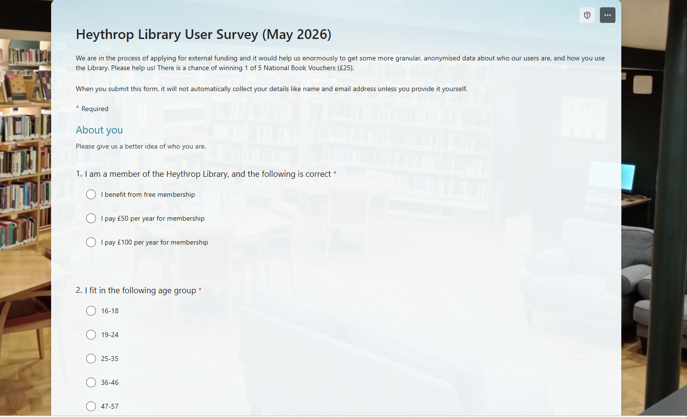 Screenshot of the top of the Heythrop Library Survey (May 2026). With a small introductory text, and then first couple of questions about the user's background.