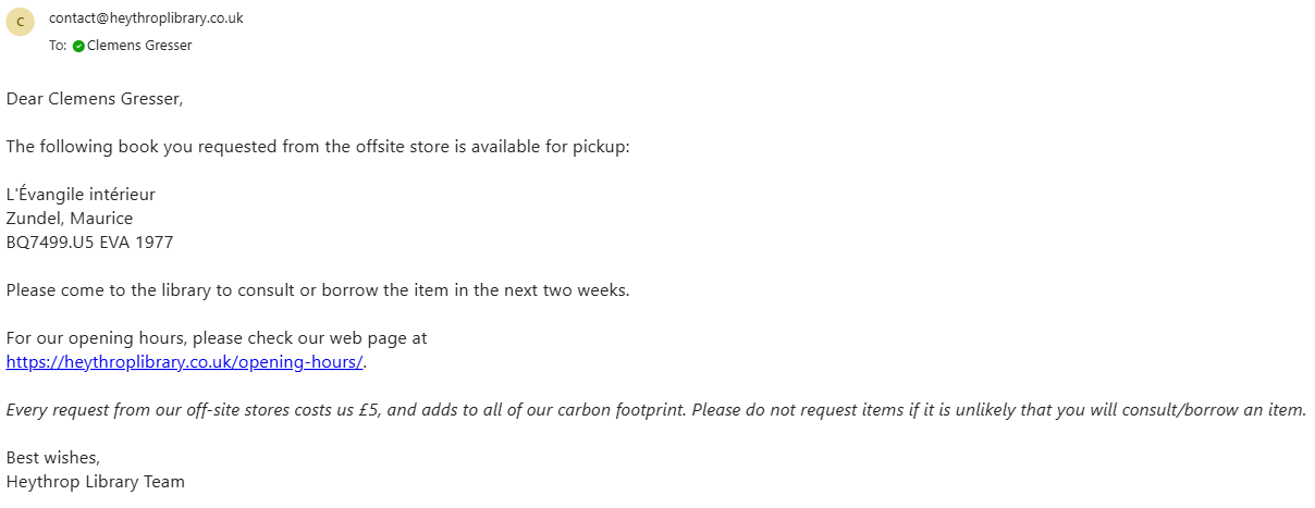 Image of email notifying user about requested book being available.
