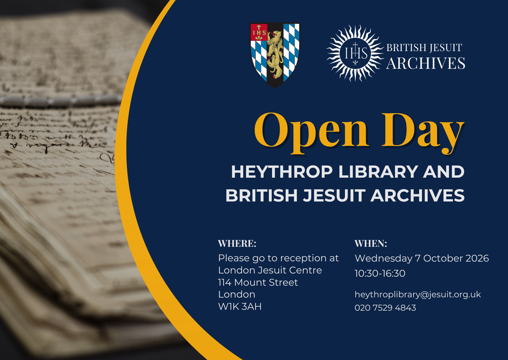 Banner of Joint Open Day - Jesuits in Britain Archives and Heythrop Library: 6 October 2026, 10:30 to 16:30.
