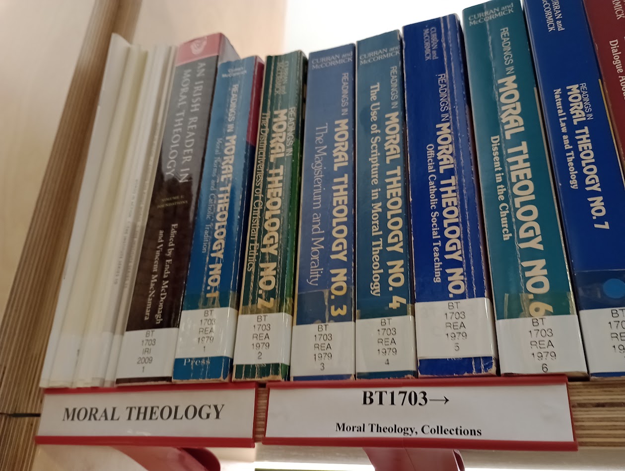 Beginning of the section "Moral theology", in our reading room, London Jesuit Centre.